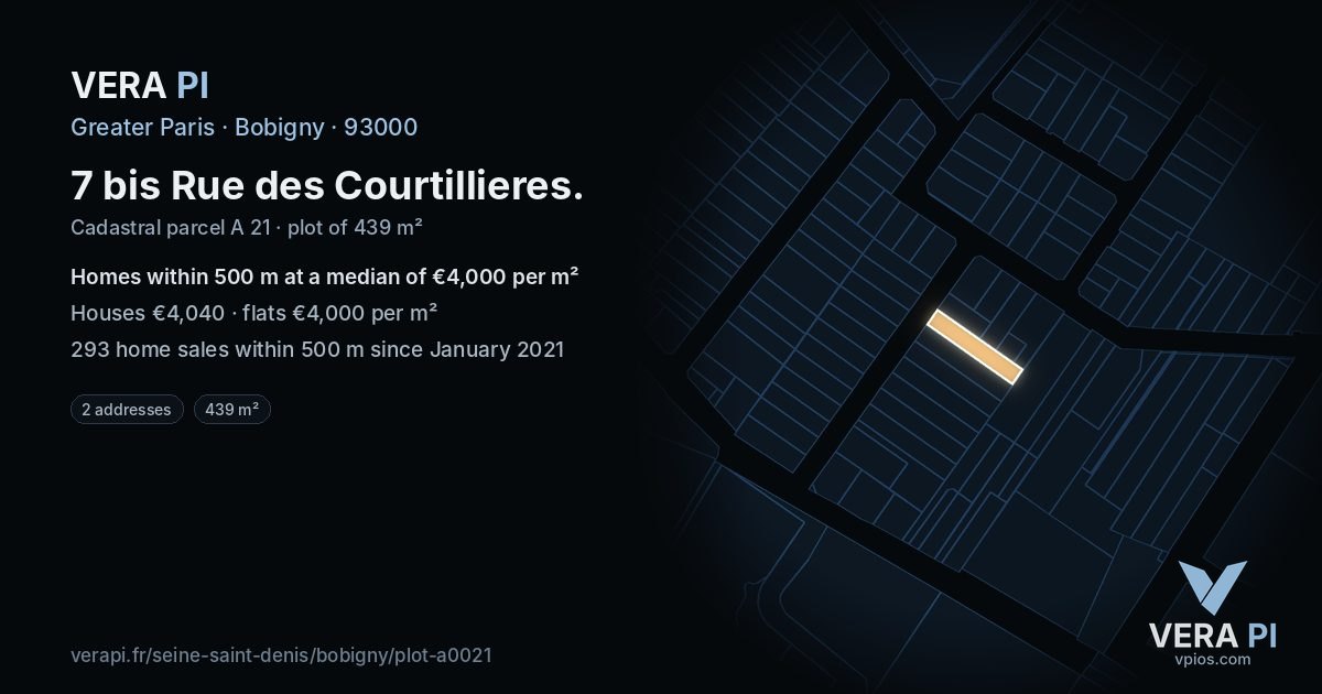 7 bis Rue des Courtillieres, Bobigny at night – the plot lit, the parcels around coloured by the prices near them