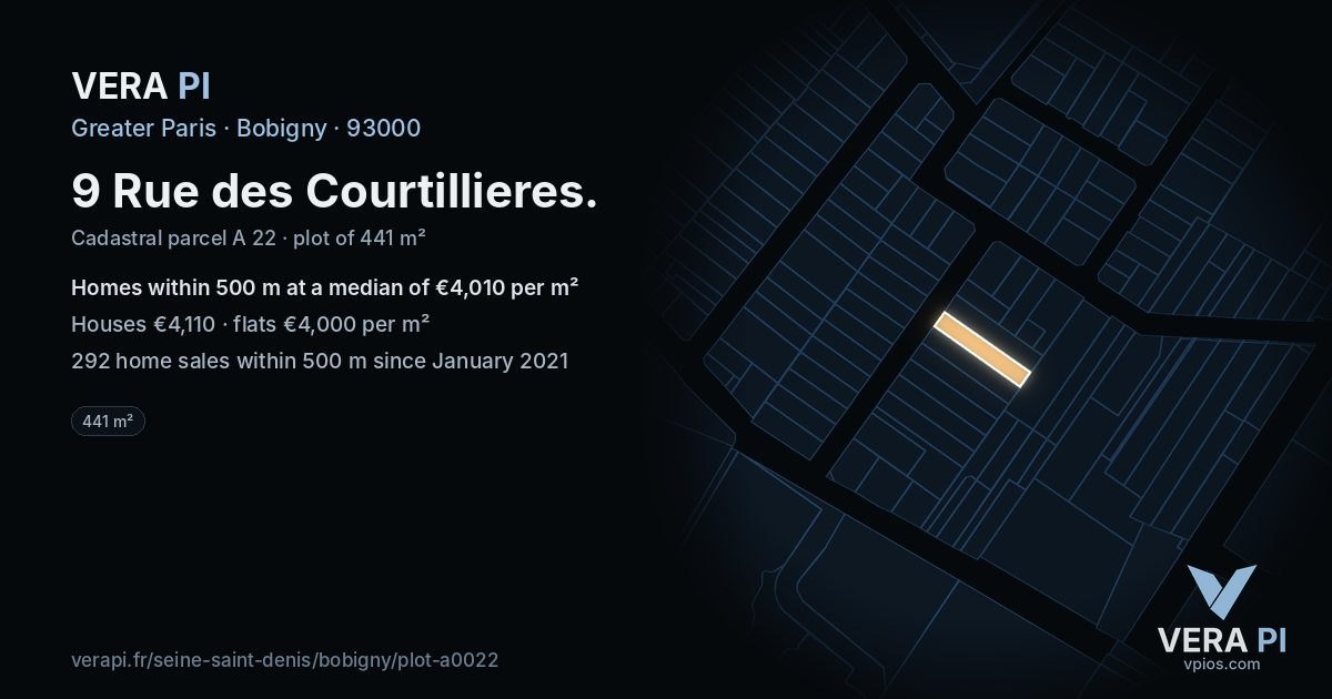 9 Rue des Courtillieres, Bobigny at night – the plot lit, the parcels around coloured by the prices near them