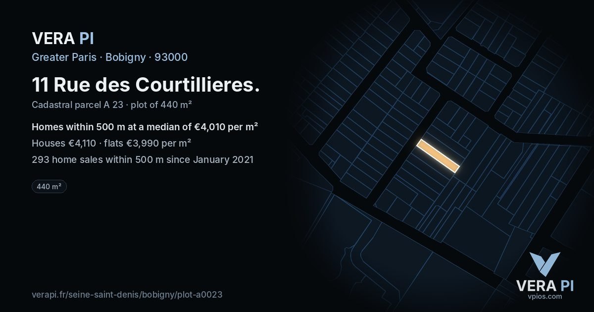 11 Rue des Courtillieres, Bobigny at night – the plot lit, the parcels around coloured by the prices near them