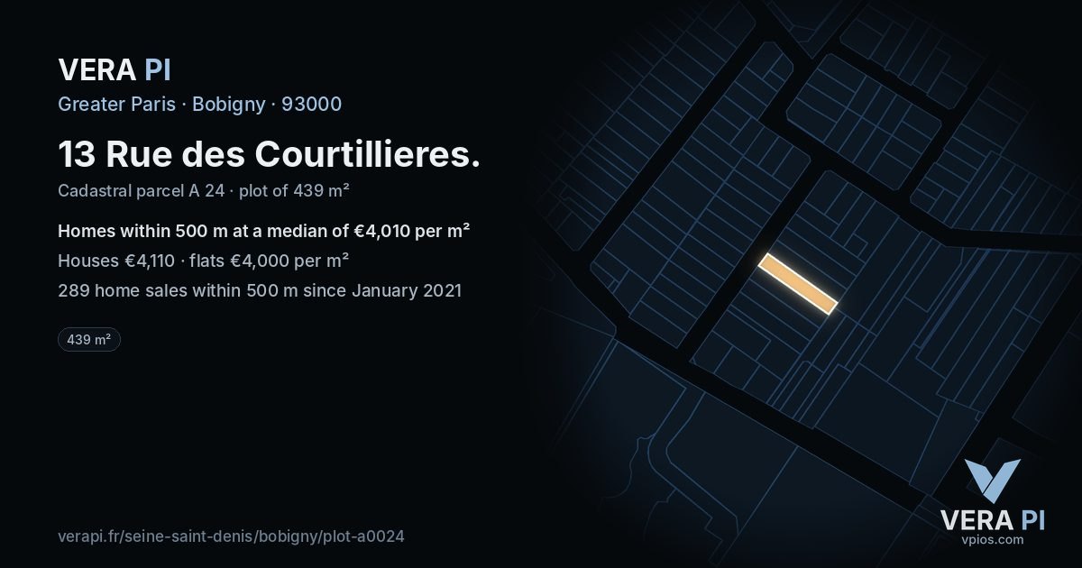 13 Rue des Courtillieres, Bobigny at night – the plot lit, the parcels around coloured by the prices near them