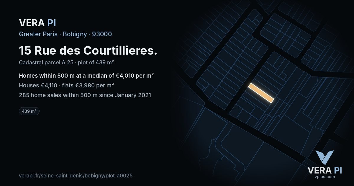 15 Rue des Courtillieres, Bobigny at night – the plot lit, the parcels around coloured by the prices near them