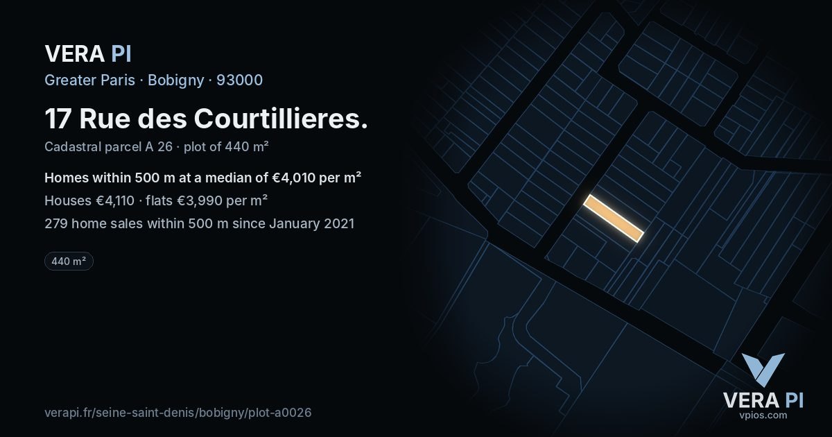 17 Rue des Courtillieres, Bobigny at night – the plot lit, the parcels around coloured by the prices near them
