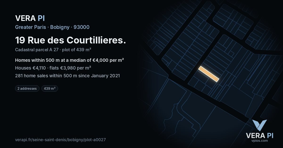 19 Rue des Courtillieres, Bobigny at night – the plot lit, the parcels around coloured by the prices near them