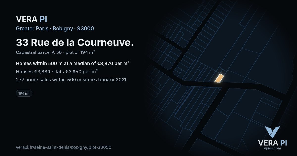 33 Rue de la Courneuve, Bobigny at night – the plot lit, the parcels around coloured by the prices near them