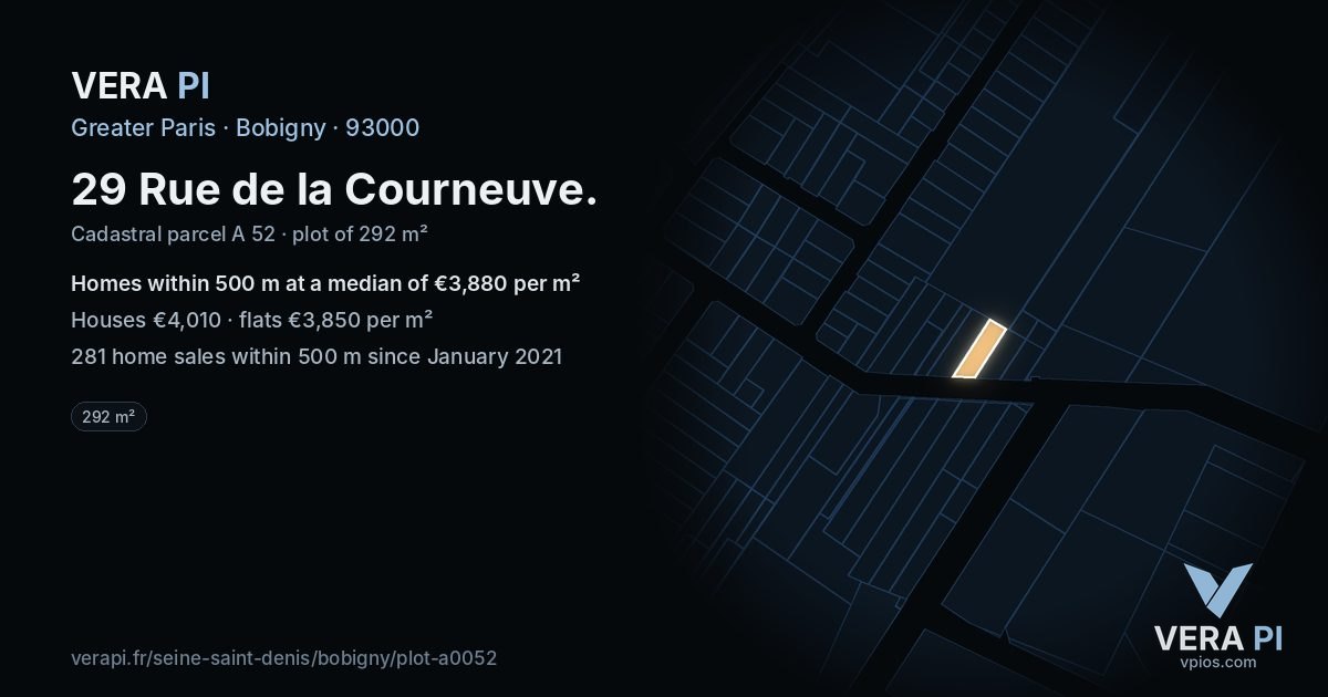 29 Rue de la Courneuve, Bobigny at night – the plot lit, the parcels around coloured by the prices near them