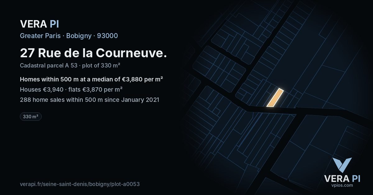 27 Rue de la Courneuve, Bobigny at night – the plot lit, the parcels around coloured by the prices near them