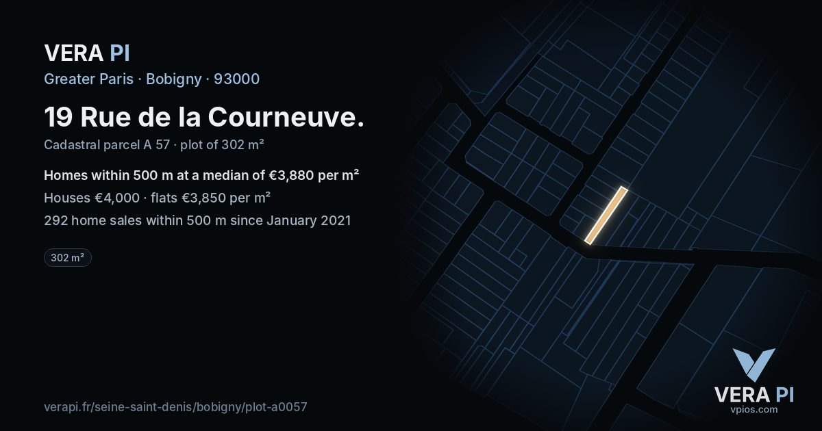 19 Rue de la Courneuve, Bobigny at night – the plot lit, the parcels around coloured by the prices near them
