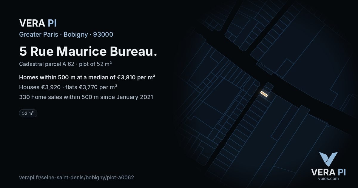 5 Rue Maurice Bureau, Bobigny at night – the plot lit, the parcels around coloured by the prices near them