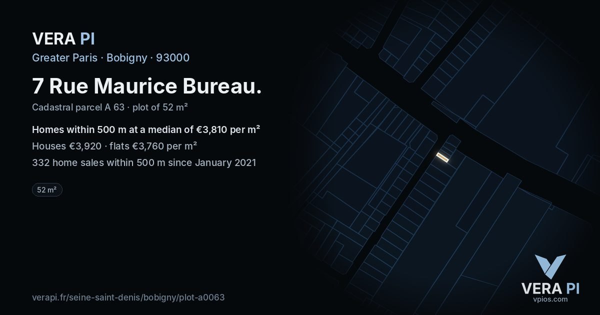 7 Rue Maurice Bureau, Bobigny at night – the plot lit, the parcels around coloured by the prices near them