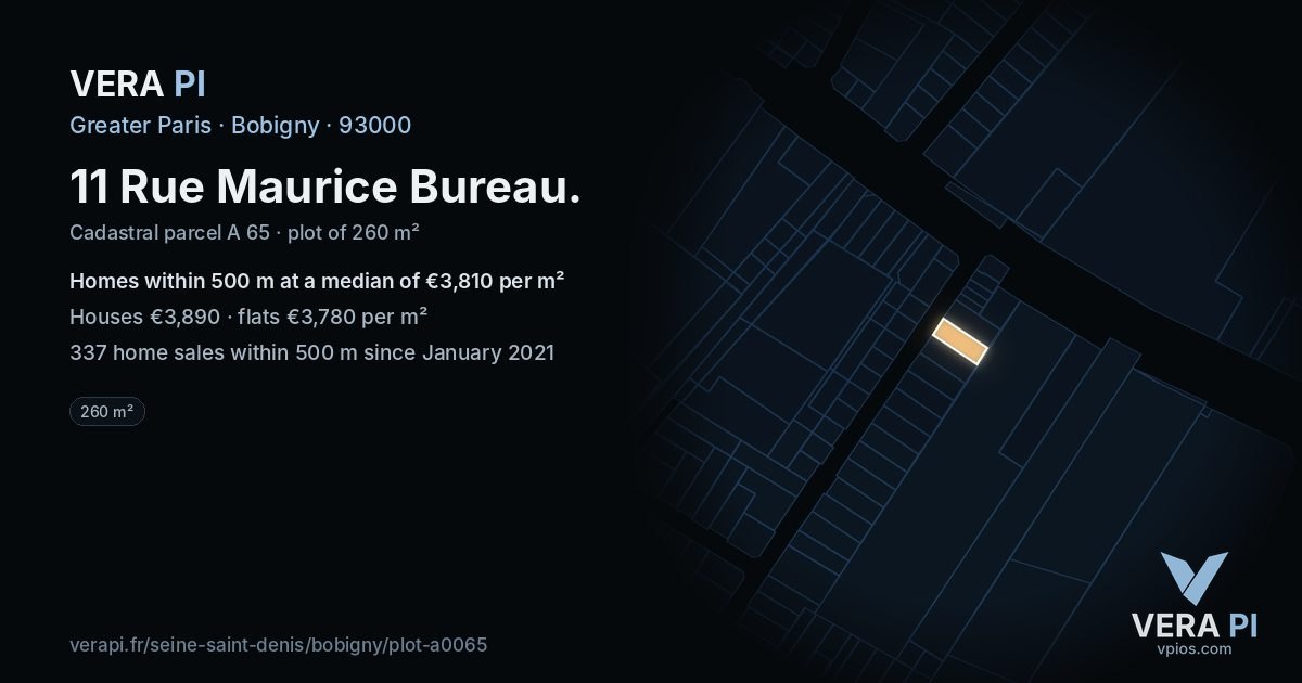 11 Rue Maurice Bureau, Bobigny at night – the plot lit, the parcels around coloured by the prices near them