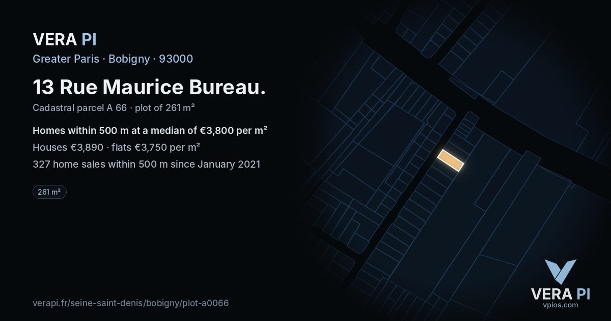 13 Rue Maurice Bureau, Bobigny at night – the plot lit, the parcels around coloured by the prices near them