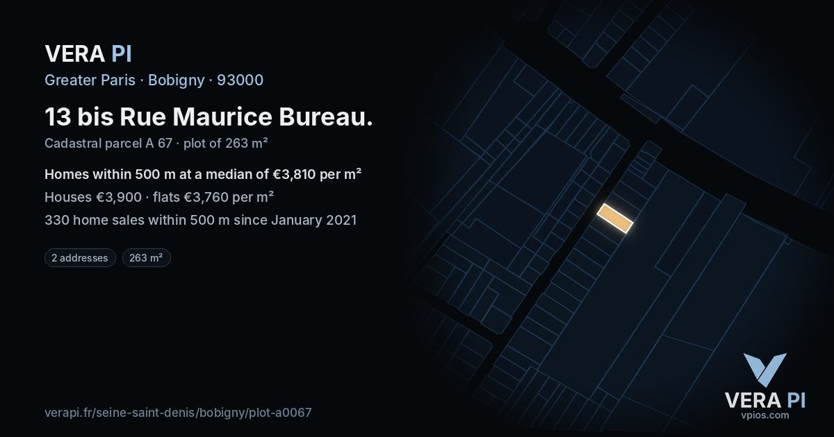 13 bis Rue Maurice Bureau, Bobigny at night – the plot lit, the parcels around coloured by the prices near them