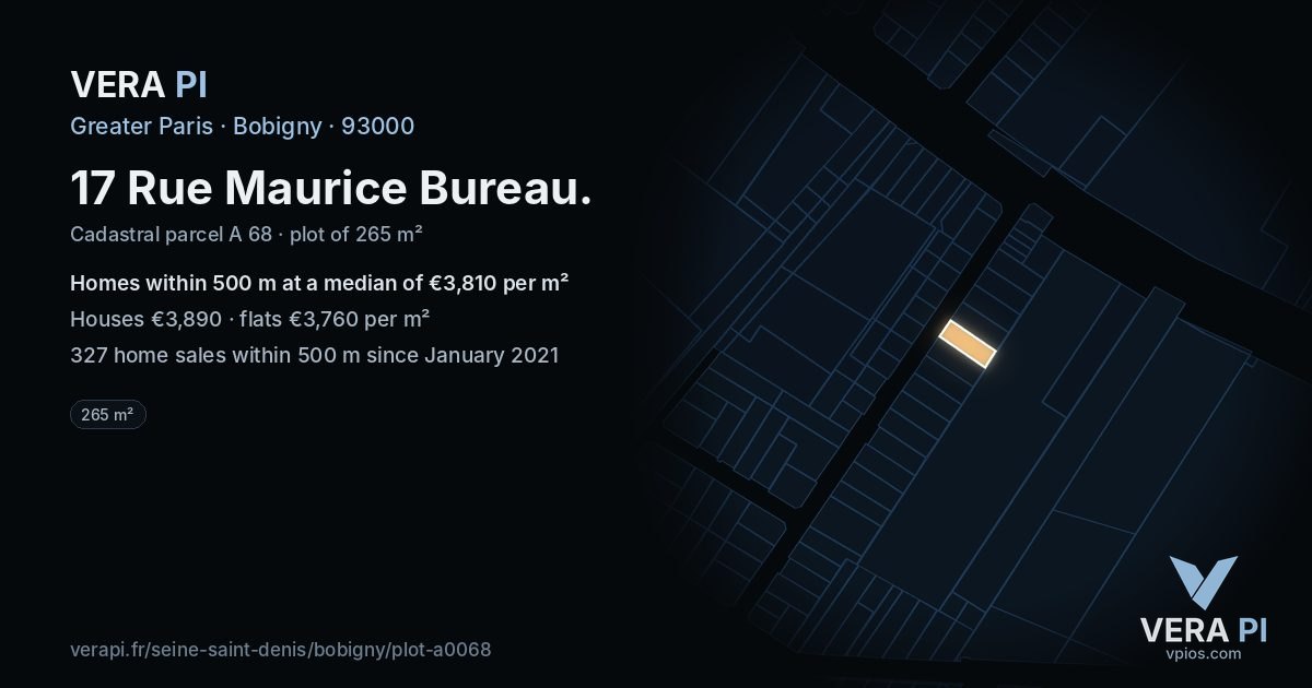 17 Rue Maurice Bureau, Bobigny at night – the plot lit, the parcels around coloured by the prices near them