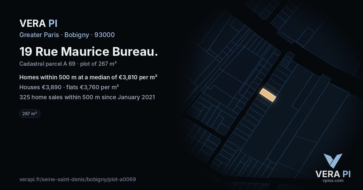 19 Rue Maurice Bureau, Bobigny at night – the plot lit, the parcels around coloured by the prices near them