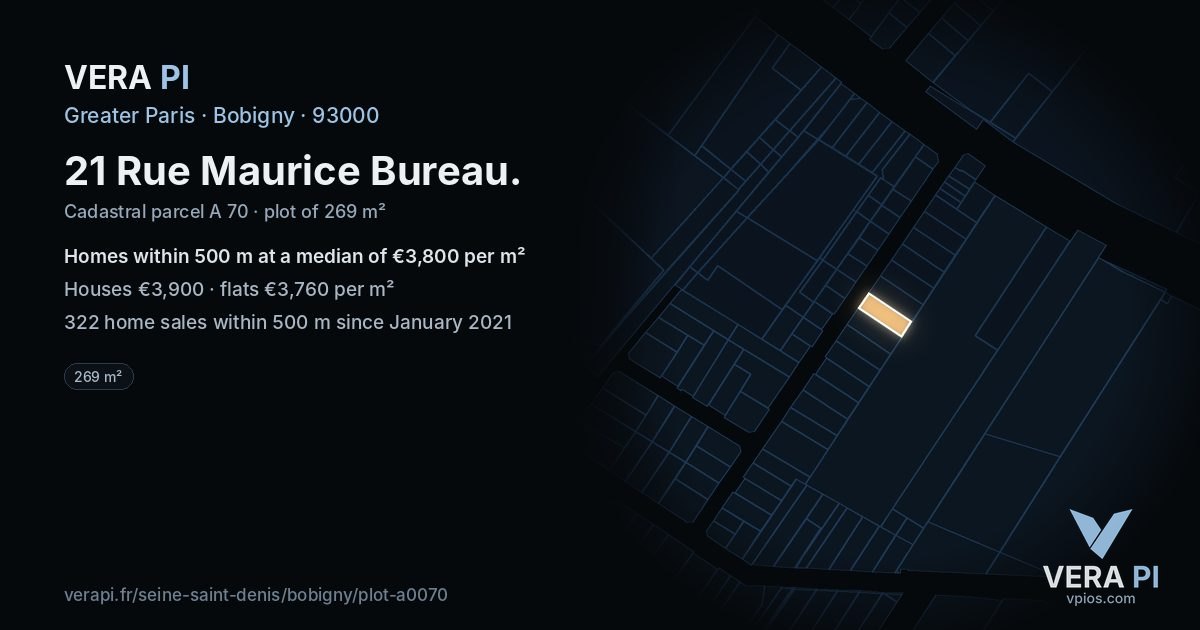 21 Rue Maurice Bureau, Bobigny at night – the plot lit, the parcels around coloured by the prices near them