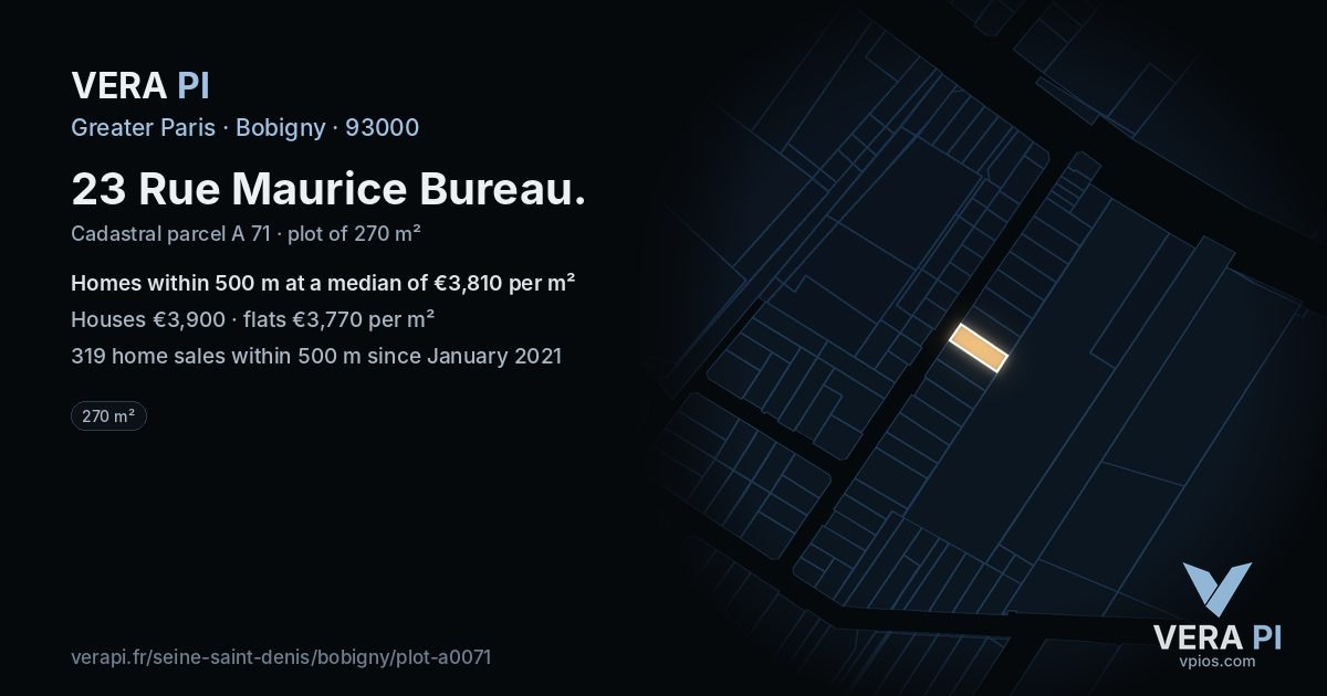 23 Rue Maurice Bureau, Bobigny at night – the plot lit, the parcels around coloured by the prices near them