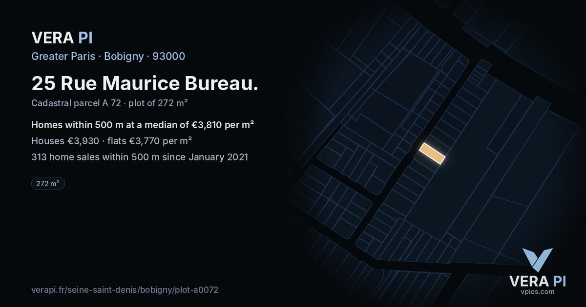 25 Rue Maurice Bureau, Bobigny at night – the plot lit, the parcels around coloured by the prices near them