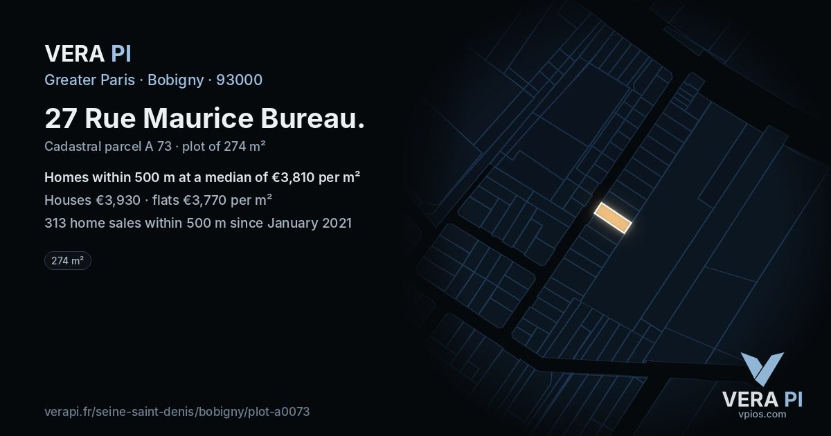 27 Rue Maurice Bureau, Bobigny at night – the plot lit, the parcels around coloured by the prices near them