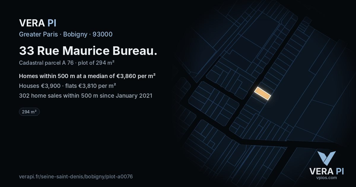 33 Rue Maurice Bureau, Bobigny at night – the plot lit, the parcels around coloured by the prices near them