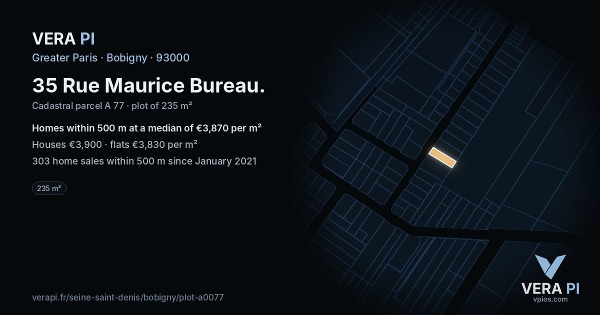 35 Rue Maurice Bureau, Bobigny at night – the plot lit, the parcels around coloured by the prices near them