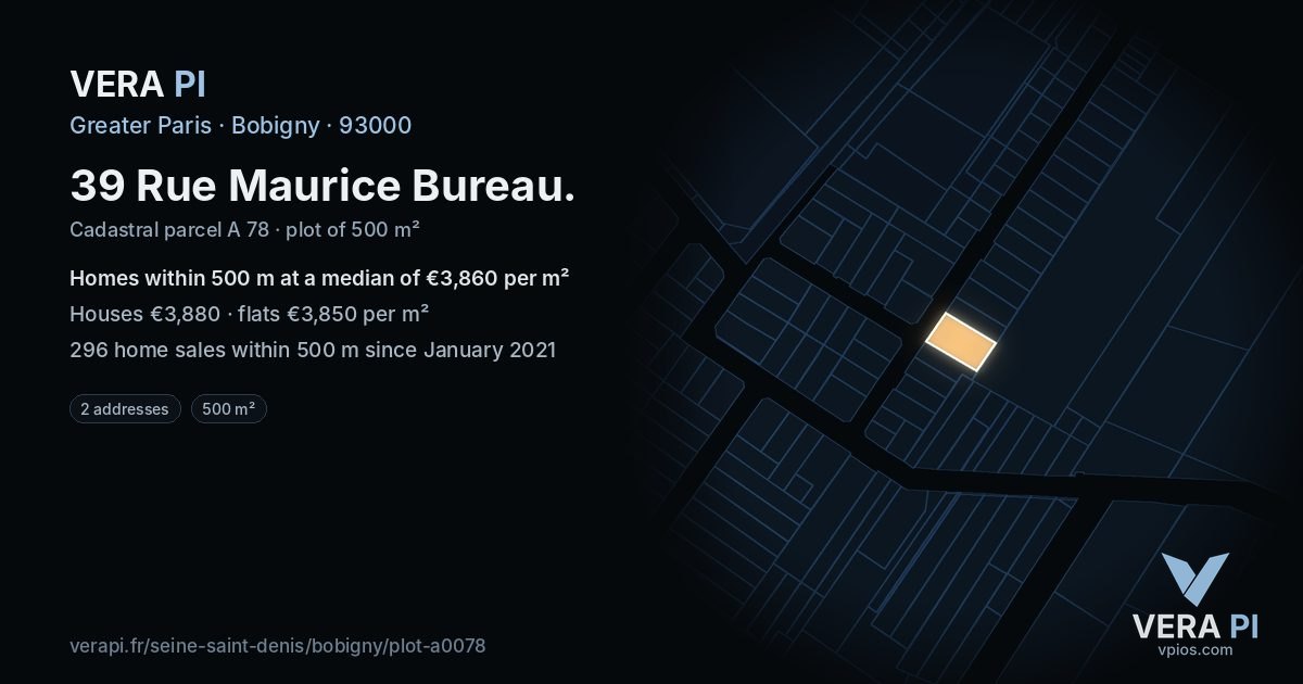 39 Rue Maurice Bureau, Bobigny at night – the plot lit, the parcels around coloured by the prices near them