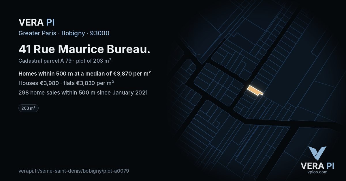 41 Rue Maurice Bureau, Bobigny at night – the plot lit, the parcels around coloured by the prices near them