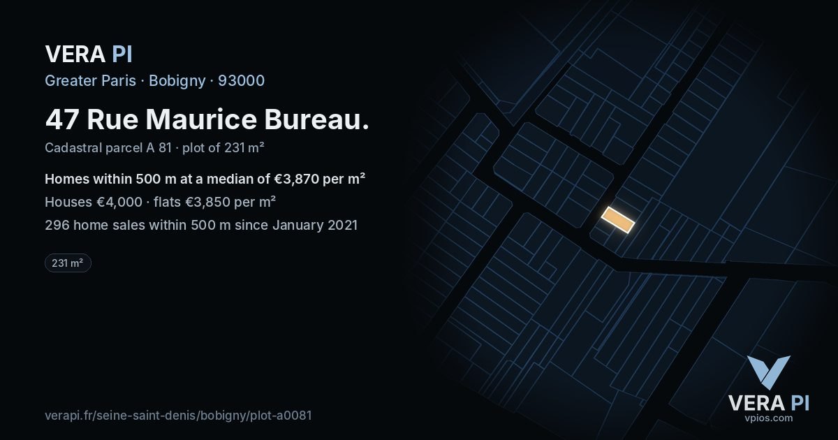 47 Rue Maurice Bureau, Bobigny at night – the plot lit, the parcels around coloured by the prices near them