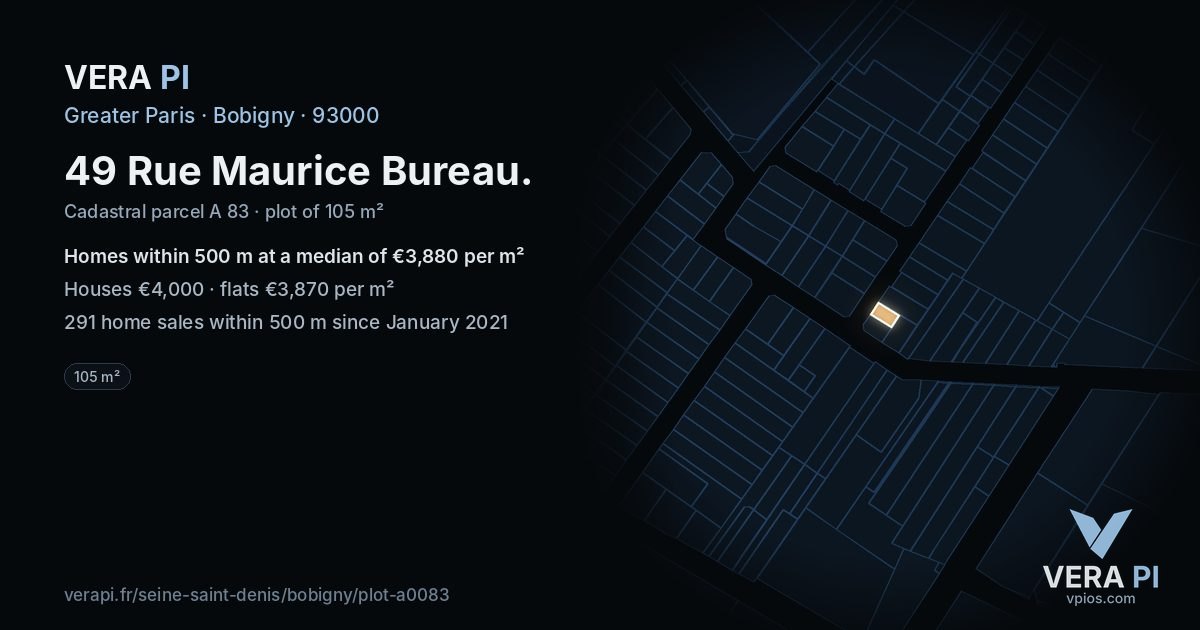 49 Rue Maurice Bureau, Bobigny at night – the plot lit, the parcels around coloured by the prices near them