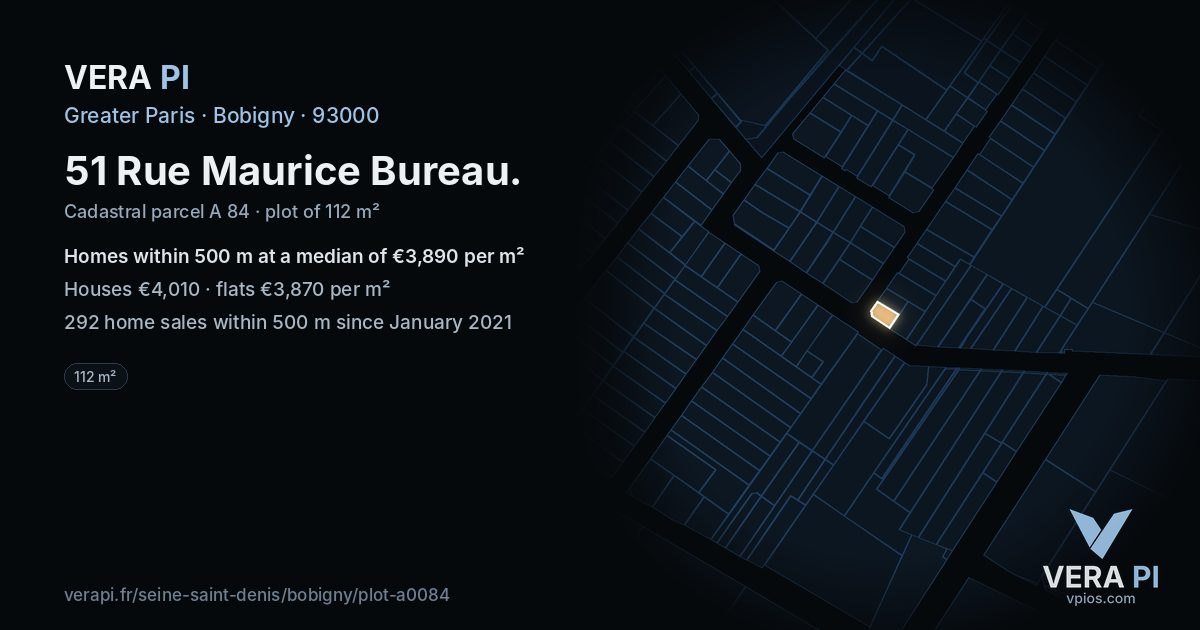 51 Rue Maurice Bureau, Bobigny at night – the plot lit, the parcels around coloured by the prices near them