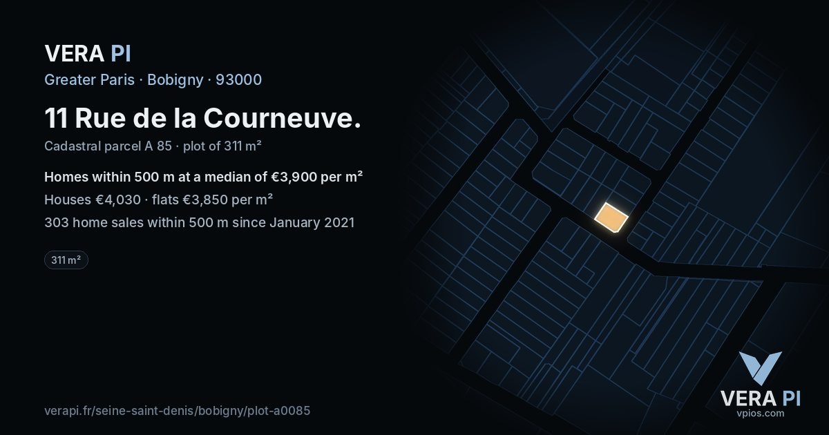 11 Rue de la Courneuve, Bobigny at night – the plot lit, the parcels around coloured by the prices near them
