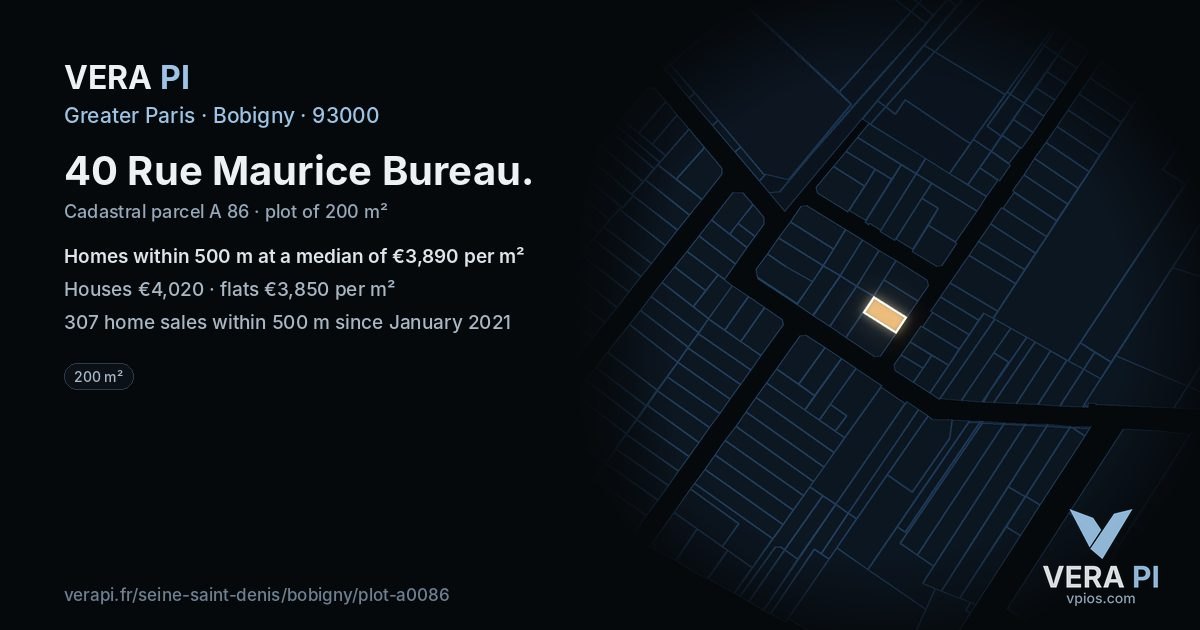 40 Rue Maurice Bureau, Bobigny at night – the plot lit, the parcels around coloured by the prices near them