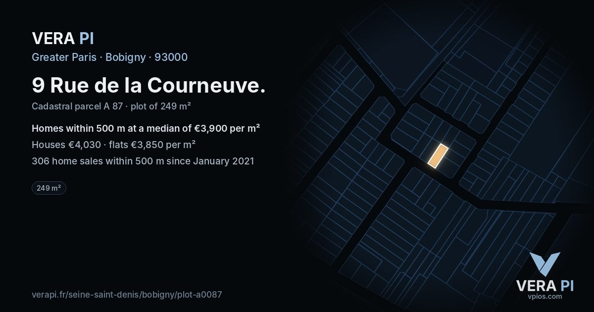 9 Rue de la Courneuve, Bobigny at night – the plot lit, the parcels around coloured by the prices near them