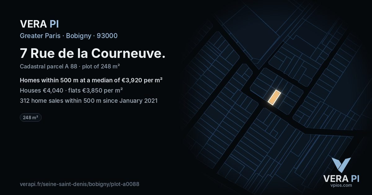 7 Rue de la Courneuve, Bobigny at night – the plot lit, the parcels around coloured by the prices near them