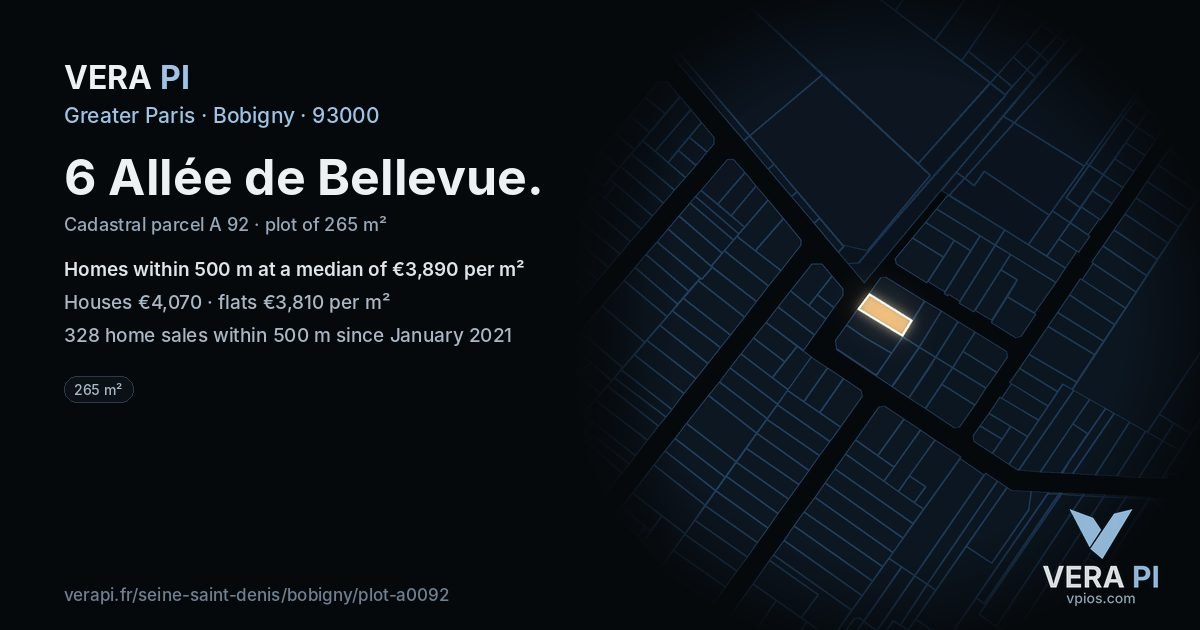 6 Allée de Bellevue, Bobigny at night – the plot lit, the parcels around coloured by the prices near them