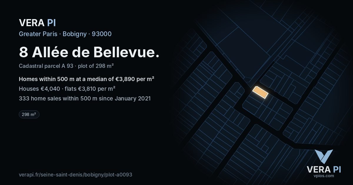 8 Allée de Bellevue, Bobigny at night – the plot lit, the parcels around coloured by the prices near them