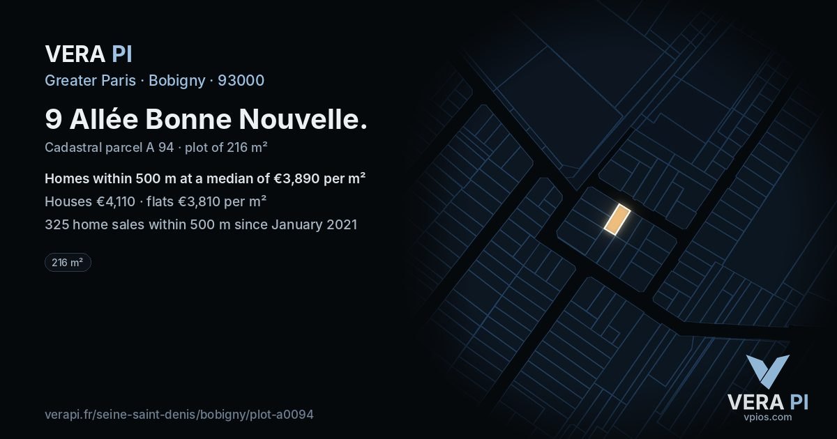 9 Allée Bonne Nouvelle, Bobigny at night – the plot lit, the parcels around coloured by the prices near them