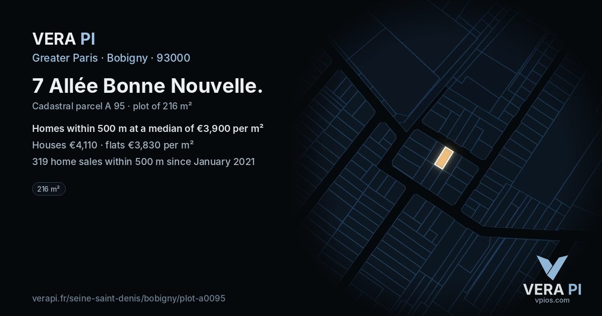 7 Allée Bonne Nouvelle, Bobigny at night – the plot lit, the parcels around coloured by the prices near them