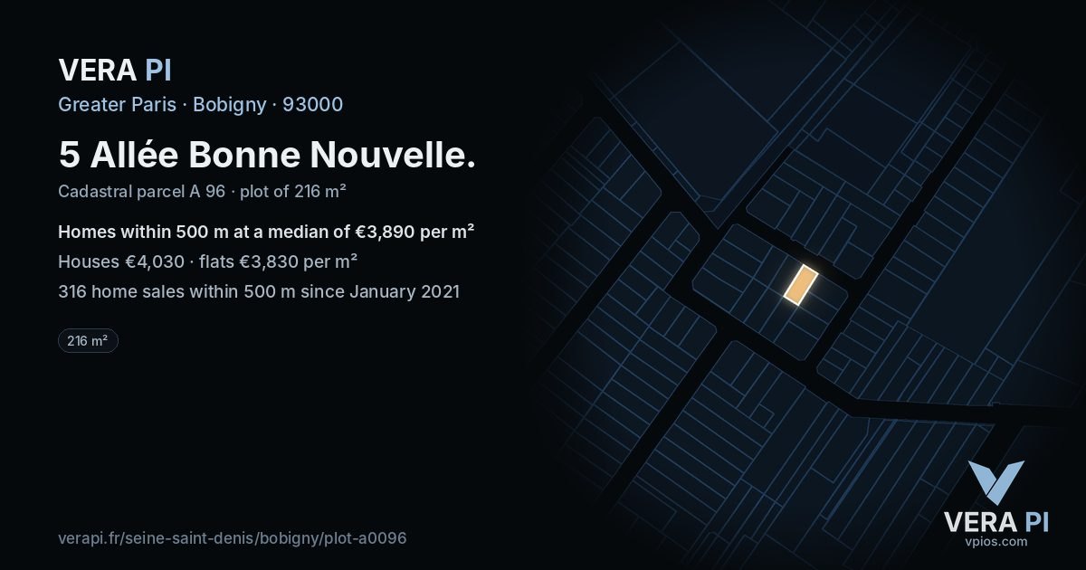 5 Allée Bonne Nouvelle, Bobigny at night – the plot lit, the parcels around coloured by the prices near them