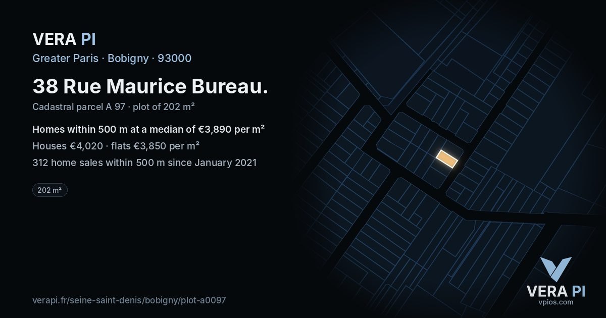 38 Rue Maurice Bureau, Bobigny at night – the plot lit, the parcels around coloured by the prices near them