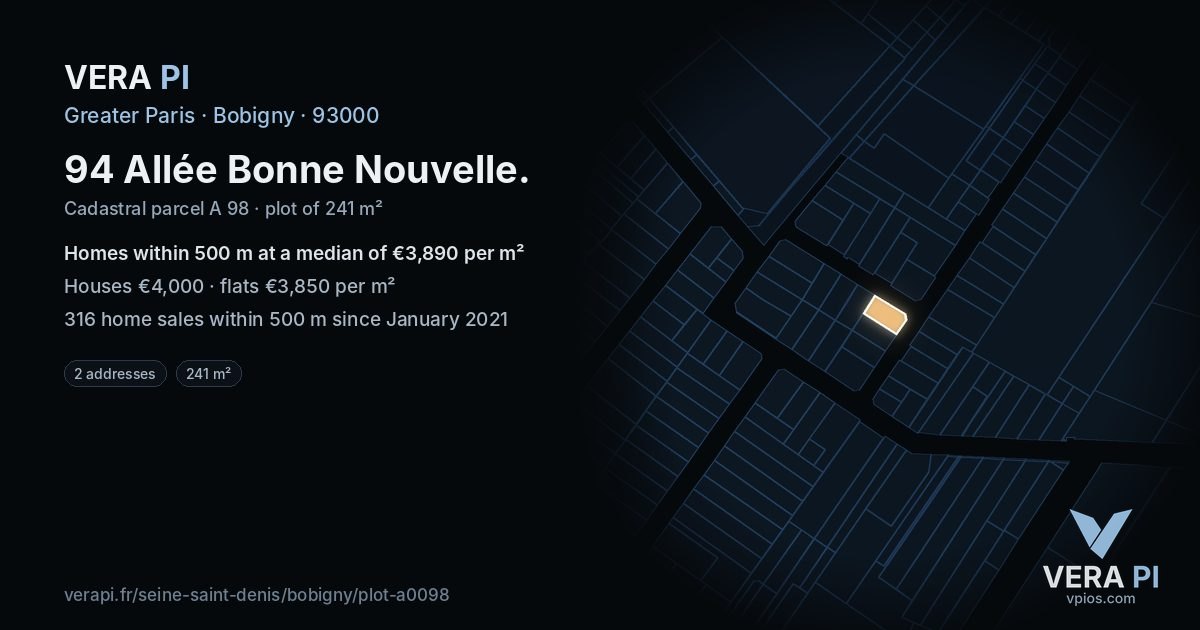 94 Allée Bonne Nouvelle, Bobigny at night – the plot lit, the parcels around coloured by the prices near them