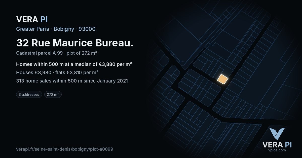 32 Rue Maurice Bureau, Bobigny at night – the plot lit, the parcels around coloured by the prices near them