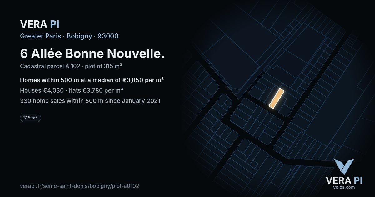 6 Allée Bonne Nouvelle, Bobigny at night – the plot lit, the parcels around coloured by the prices near them
