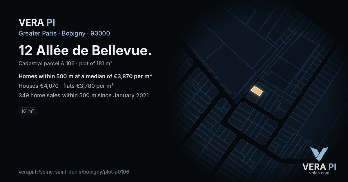 12 Allée de Bellevue, Bobigny at night – the plot lit, the parcels around coloured by the prices near them