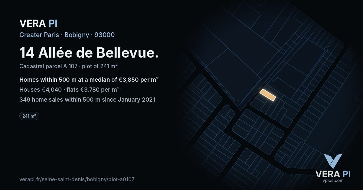 14 Allée de Bellevue, Bobigny at night – the plot lit, the parcels around coloured by the prices near them