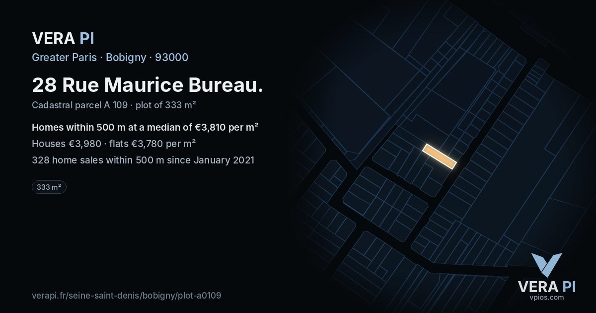 28 Rue Maurice Bureau, Bobigny at night – the plot lit, the parcels around coloured by the prices near them