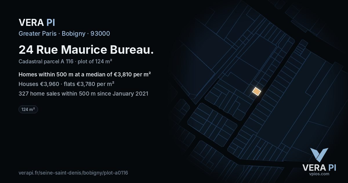 24 Rue Maurice Bureau, Bobigny at night – the plot lit, the parcels around coloured by the prices near them