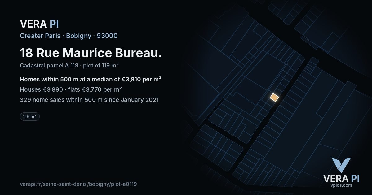 18 Rue Maurice Bureau, Bobigny at night – the plot lit, the parcels around coloured by the prices near them