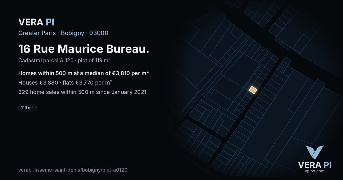 16 Rue Maurice Bureau, Bobigny at night – the plot lit, the parcels around coloured by the prices near them