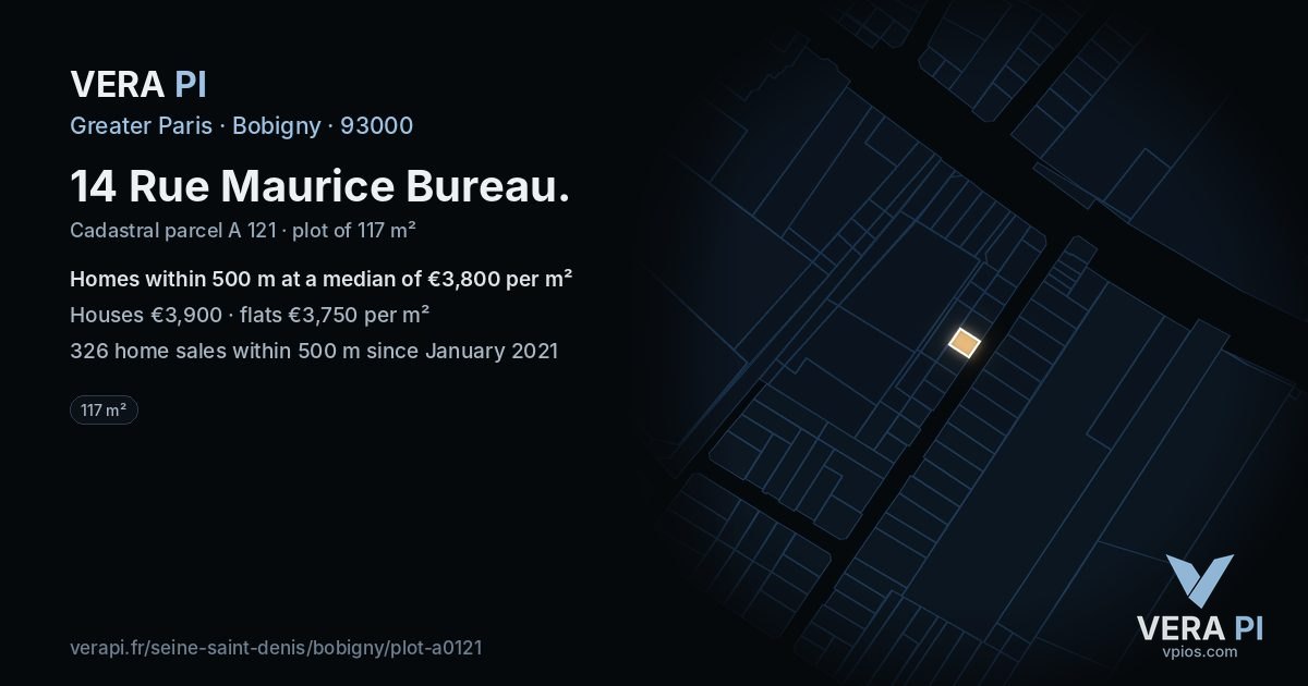 14 Rue Maurice Bureau, Bobigny at night – the plot lit, the parcels around coloured by the prices near them
