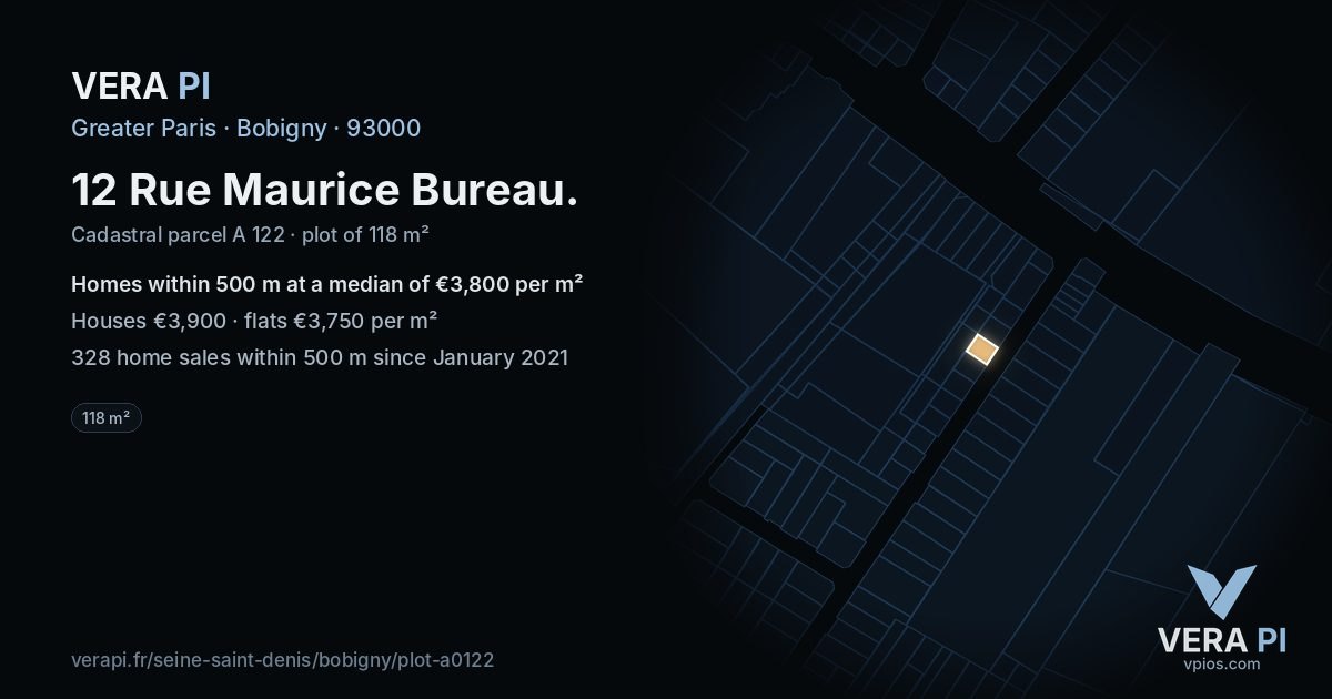 12 Rue Maurice Bureau, Bobigny at night – the plot lit, the parcels around coloured by the prices near them